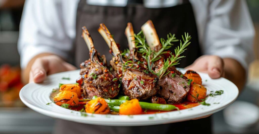 serving grilled lamb chops with grilled vegetables at Top Bar Restaurant in Las Vegas